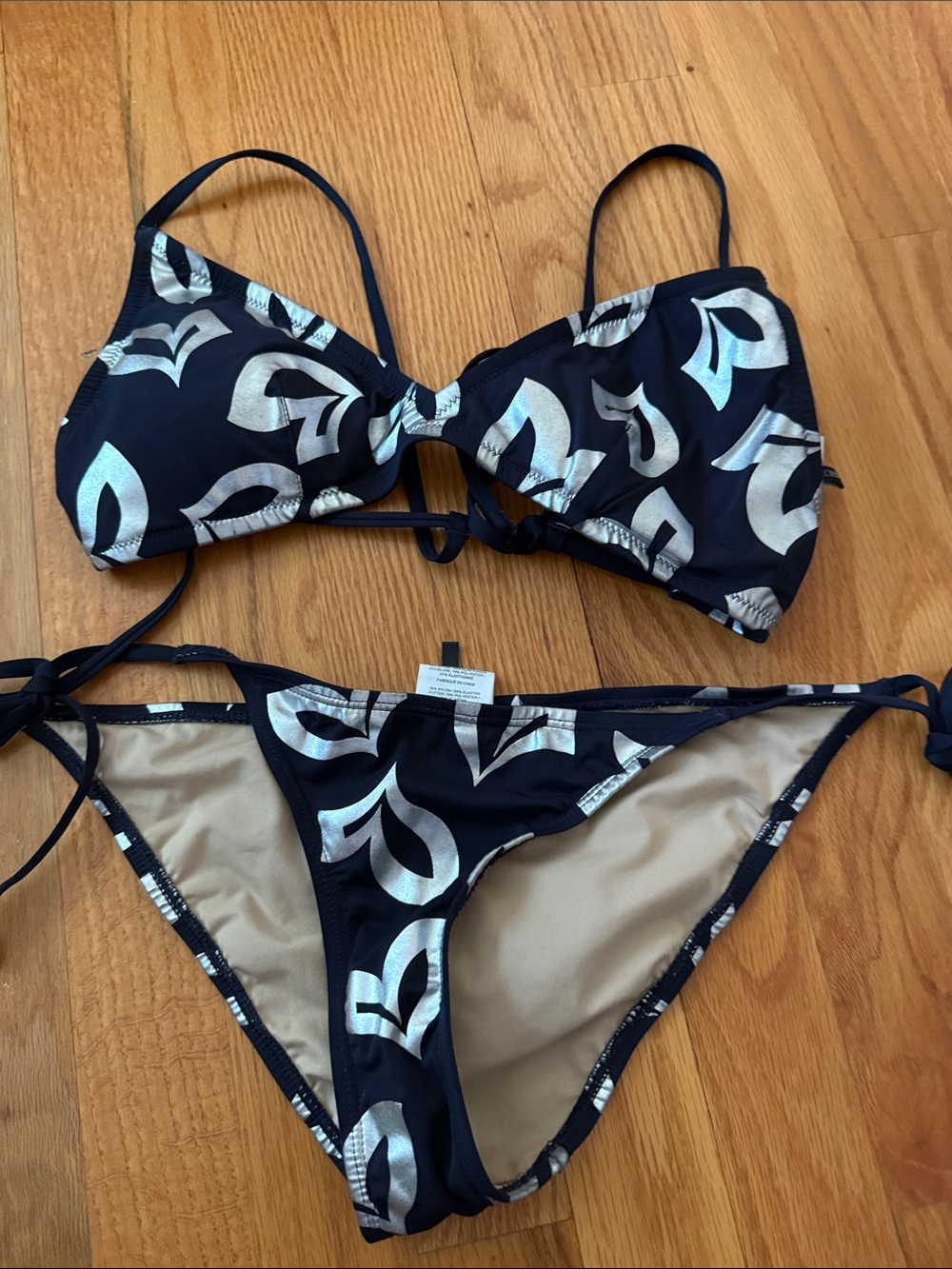 J. Crew Navy Bikini with Silver Leaf Motif